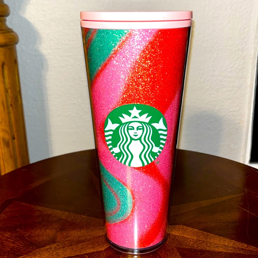 Starbucks holiday 2020 pink red and green swirl glitter tumbler 24oz